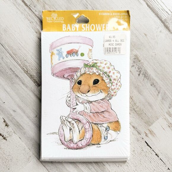 Vintage Baby Shower Invitations Girl Pawprints Wallace Tripp Mouse 2pk 16 Cards - Picture 2 of 5